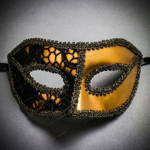 Lace Masquerade Venetian Costume Mask - Gold Black